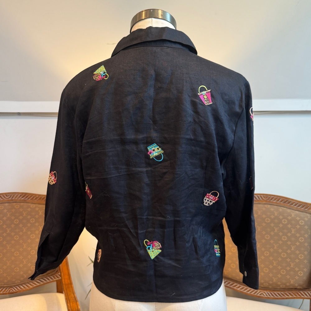 Vintage 90s Black 100% Irish Linen Tie Front Blouse Cropped Embroidered Purses - Picture 4 of 7